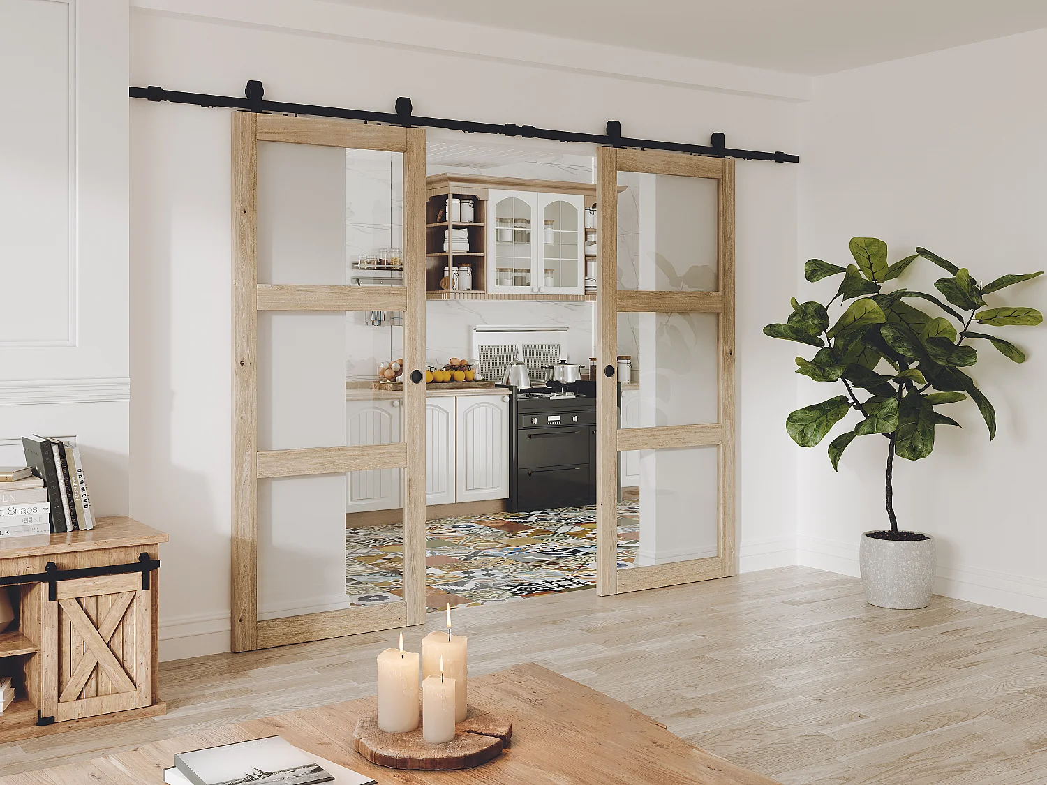 Dubbele schuifdeur met railbevestiging, 2 x H205 x L63 cm, gehard glas, ACOSTA II