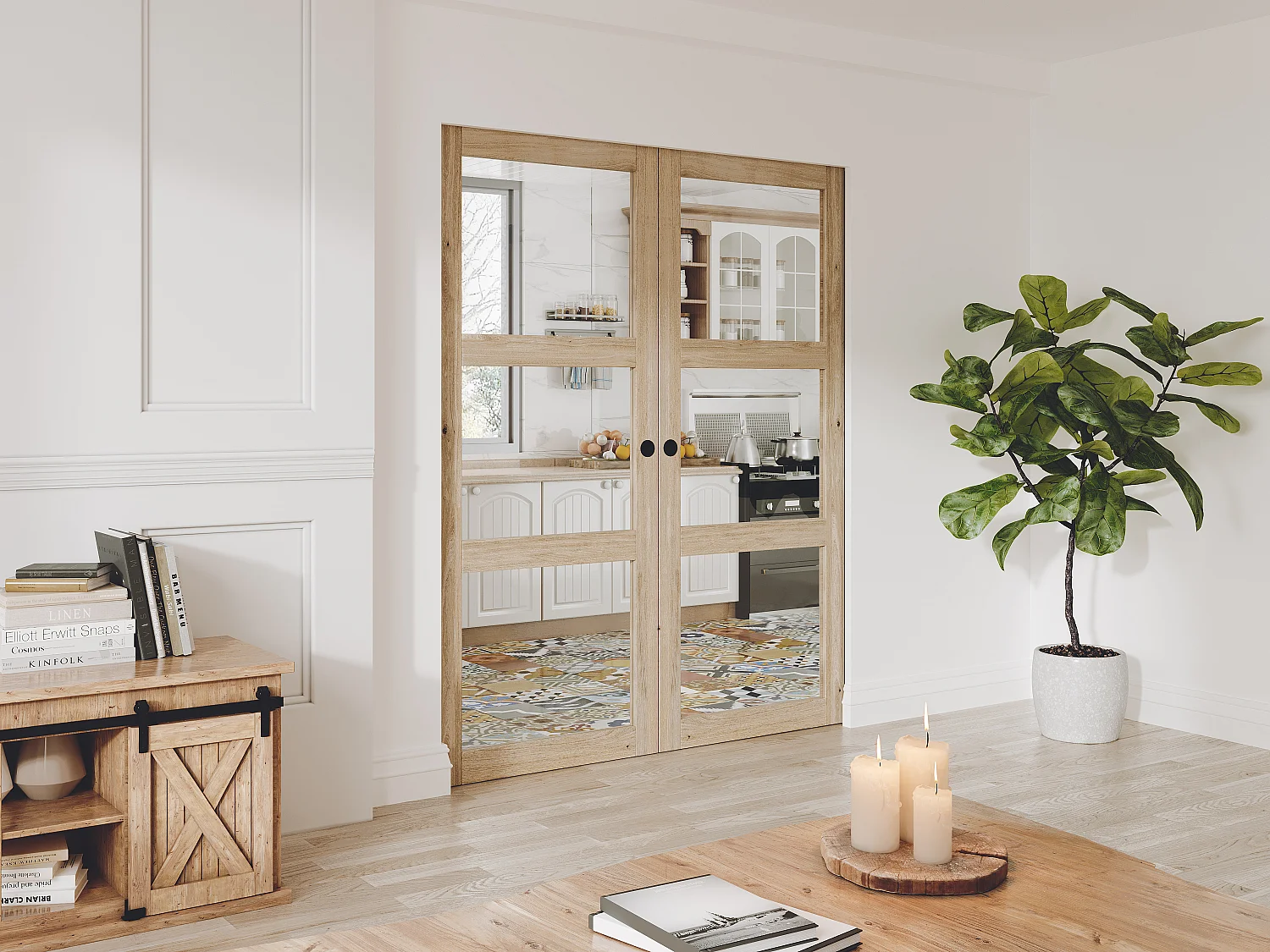 Dubbele schuifdeur met klamplaagsysteem en 3 vensters 2 x L93 cm Gehard glas ACOSTA II