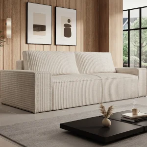 Driezitsslaapbank van beige ribfluweel met brede ribbels, design AMELIA