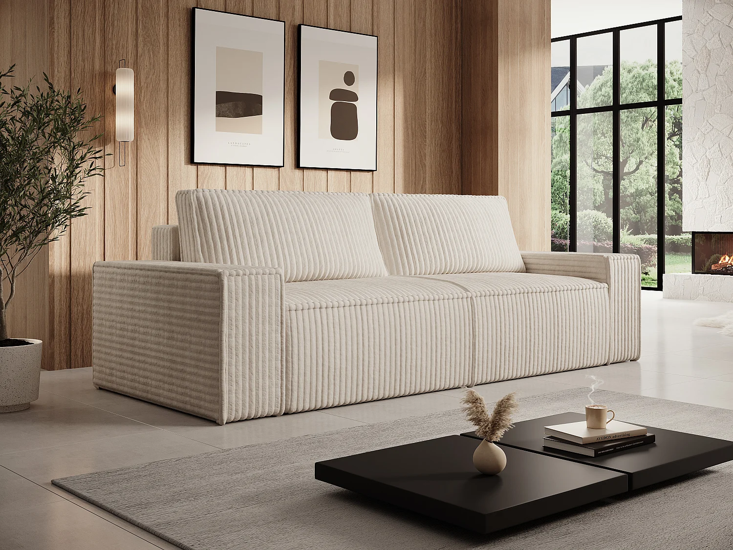 Driezitsslaapbank van beige ribfluweel met brede ribbels, design AMELIA