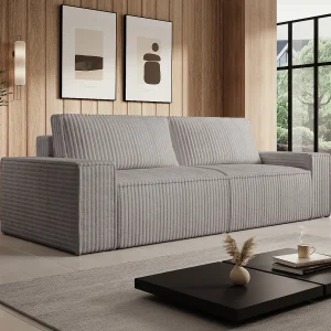 Driezitsslaapbank van lichtgrijs ribfluweel met brede ribbels, design AMELIA