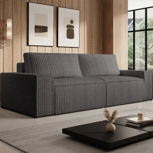 Driezitsslaapbank van antracietgrijs ribfluweel met brede ribbels design AMELIA