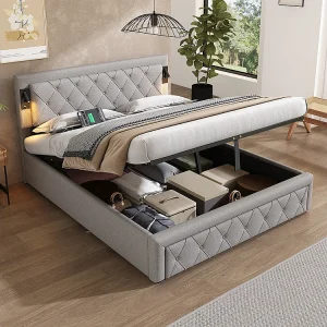 160*200 Lit tapissé avec éclairage d'appoint et port USB, lit de rangement, double, lin, gris
