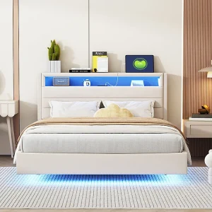 140×200 cm lit double capitonné avec prise USB et lumière LED, tête de lit réversible, pied de lit dissimulé, tissu de lin beige 140×200 cm lit double capitonné avec prise USB et lumière LED, tête de lit réversible, pied de lit dissimulé, tissu de lin beige