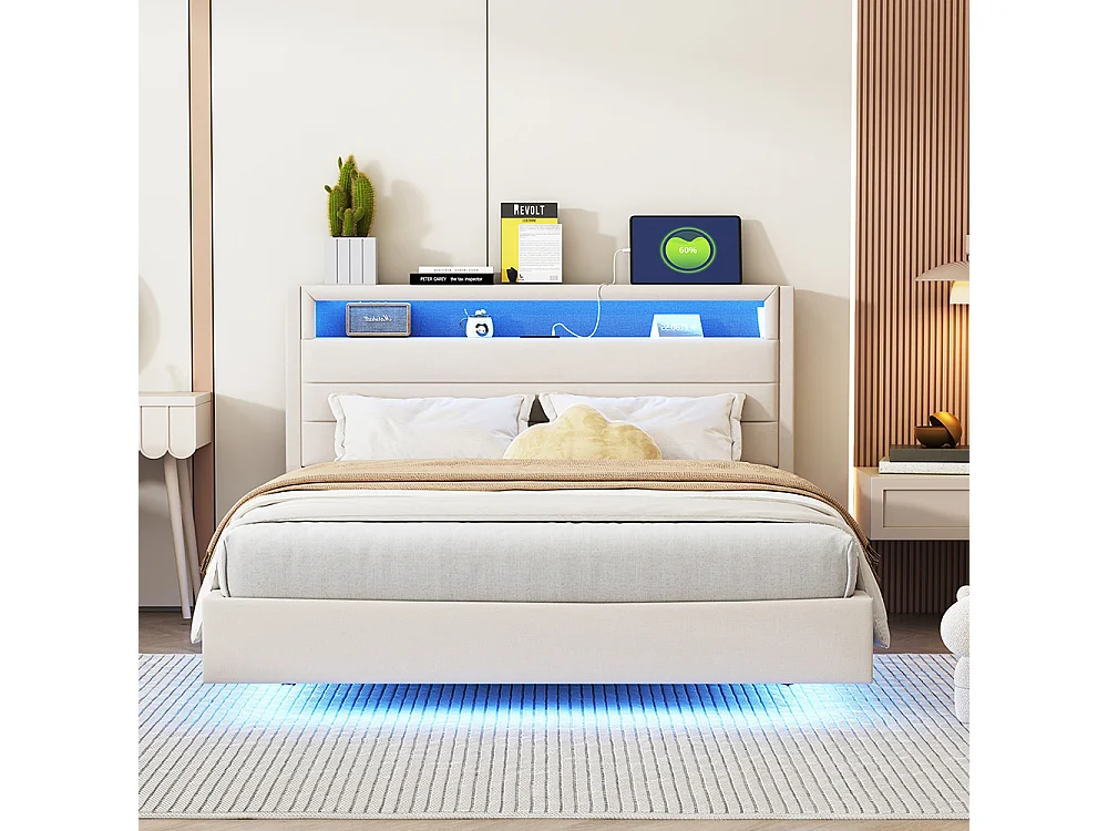 140x200 cm lit double capitonné avec prise USB et lumière LED, tête de lit réversible, pied de lit dissimulé, tissu de lin beige