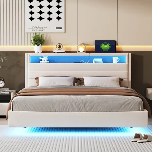 160×200 cm lit double capitonné avec prise USB et lumière LED, tête de lit réversible, pied de lit dissimulé, tissu de lin beige 160×200 cm lit double capitonné avec prise USB et lumière LED, tête de lit réversible, pied de lit dissimulé, tissu de lin beige