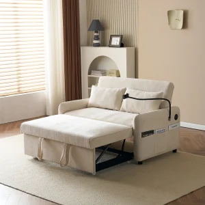 2-zits slaapbank met verstelbare rugleuning – Steun en USB-aansluiting – Chenille stof – Slaapfunctie – Beige 2-zits slaapbank met verstelbare rugleuning – Steun en USB-aansluiting – Chenille stof – Slaapfunctie – Beige
