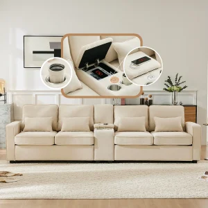 4-zitsbank – 290 x 83 x 88 cm – met 2 bekerhouders, 2 USB-poorten, 2 zakken en 4 kussens – Linnen stof – Beige 4-zitsbank – 290 x 83 x 88 cm – met 2 bekerhouders, 2 USB-poorten, 2 zakken en 4 kussens – Linnen stof – Beige