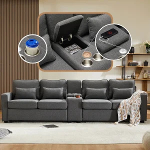 4-zitsbank – 290 x 83 x 88 cm – met 2 bekerhouders, 2 USB-poorten, 2 zakken en 4 kussens – Linnen stof – Donkergrijs 4-zitsbank – 290 x 83 x 88 cm – met 2 bekerhouders, 2 USB-poorten, 2 zakken en 4 kussens – Linnen stof – Donkergrijs