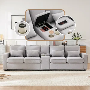 4-zitsbank – 290 x 83 x 88 cm – met 2 bekerhouders, 2 USB-poorten, 2 zakken en 4 kussens – Linnen stof – Grijs 4-zitsbank – 290 x 83 x 88 cm – met 2 bekerhouders, 2 USB-poorten, 2 zakken en 4 kussens – Linnen stof – Grijs