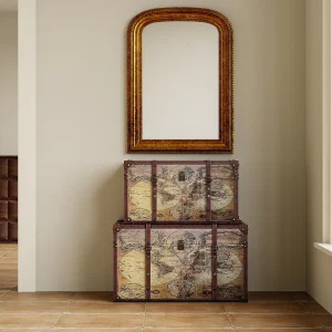 Set van 2 koffers, opbergruimte van hout met landkaartmotief, bruin, AVENTURA.
