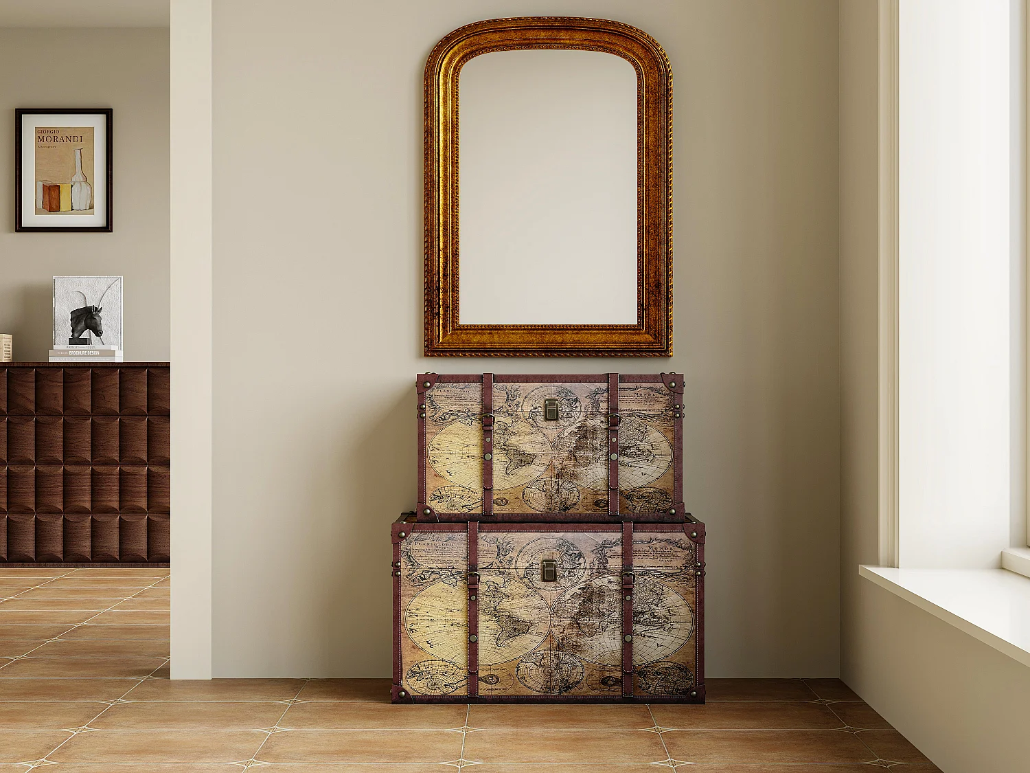 Set van 2 koffers, opbergruimte van hout met landkaartmotief, bruin, AVENTURA.