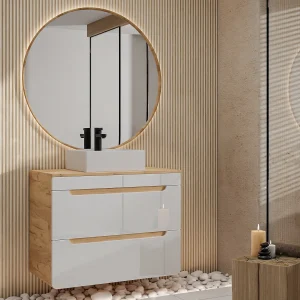 Hangmeubel voor badkamer met opzetwaskom, 80 cm, licht naturel en wit, ARUBA