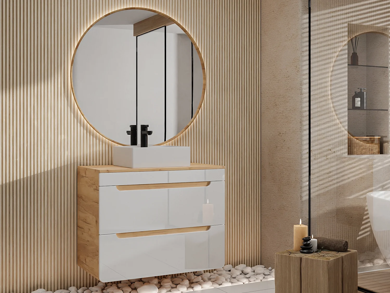 Hangmeubel voor badkamer met opzetwaskom, 80 cm, licht naturel en wit, ARUBA