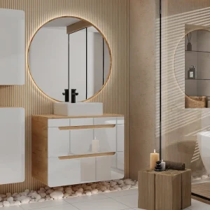 Badkamermeubel met waskom en kolomkasten, naturel en wit, ARUBA Badkamermeubel met waskom en kolomkasten, naturel en wit, ARUBA