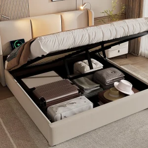 Opbergbed 140x200cm in linnenstof – met leeslampjes en USB-oplaadpoorten – met lattenbodem – Beige Opbergbed 140x200cm in linnenstof – met leeslampjes en USB-oplaadpoorten – met lattenbodem – Beige