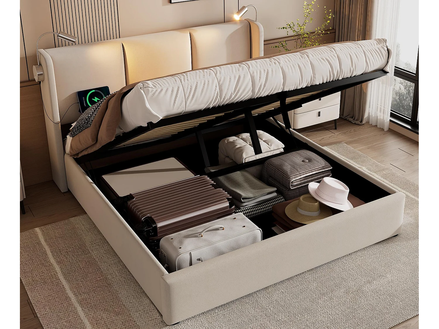 Opbergbed 160x200cm in linnenstof – met leeslampjes en USB-oplaadpoorten – met lattenbodem – Beige
