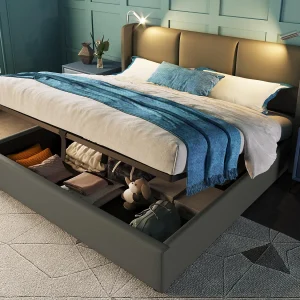 160x200cm kunstleer opbergbed – met leeslampjes en USB-oplaadpoorten – met lattenbodem – Grijs 160x200cm kunstleer opbergbed – met leeslampjes en USB-oplaadpoorten – met lattenbodem – Grijs