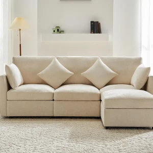 3-zits hoekbank – met modulaire voetsteun – chenille – Beige