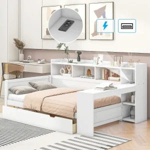 90 x 200 cm bed met hoofdeinde – Bureau, USB-aansluitingen en 2 lades – Lattenbodem – Wit (zonder matras) 90 x 200 cm bed met hoofdeinde – Bureau, USB-aansluitingen en 2 lades – Lattenbodem – Wit (zonder matras)