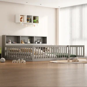 140 x 200 cm bed met rails en opbergkasten – Grenenhout + MDF – Lattenbodem – Grijs (zonder matras) 140 x 200 cm bed met rails en opbergkasten – Grenenhout + MDF – Lattenbodem – Grijs (zonder matras)
