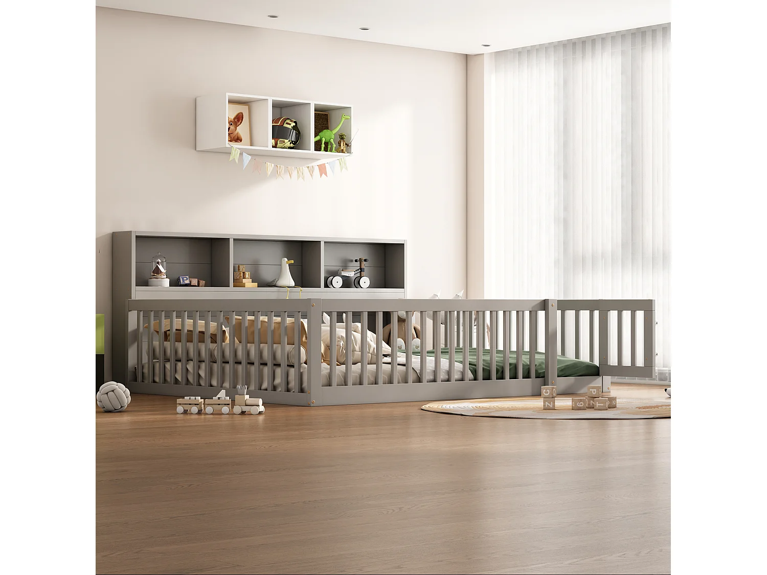 140 x 200 cm bed met rails en opbergkasten – Grenenhout + MDF – Lattenbodem – Grijs (zonder matras)