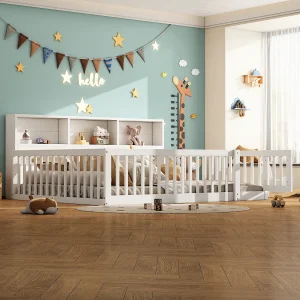 140 x 200 cm bed met rails en opbergkasten – Grenenhout + MDF – Lattenbodem – Wit (zonder matras) 140 x 200 cm bed met rails en opbergkasten – Grenenhout + MDF – Lattenbodem – Wit (zonder matras)