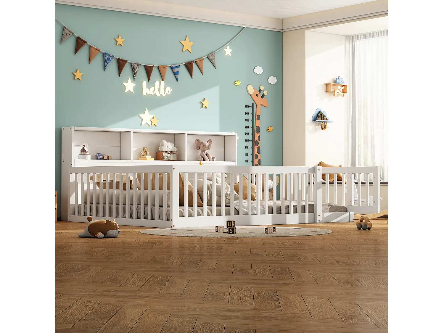 140 x 200 cm bed met rails en opbergkasten – Grenenhout + MDF – Lattenbodem – Wit (zonder matras)