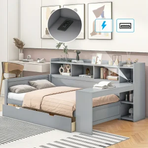 90 x 200 cm bed met hoofdeinde – Bureau, USB-aansluitingen en 2 lades – Lattenbodem – Grijs (zonder matras) 90 x 200 cm bed met hoofdeinde – Bureau, USB-aansluitingen en 2 lades – Lattenbodem – Grijs (zonder matras)