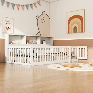 90 x 200 cm bed met rails en opbergkastjes – Grenenhout + MDF – Lattenbodem – Wit (zonder matras) 90 x 200 cm bed met rails en opbergkastjes – Grenenhout + MDF – Lattenbodem – Wit (zonder matras)