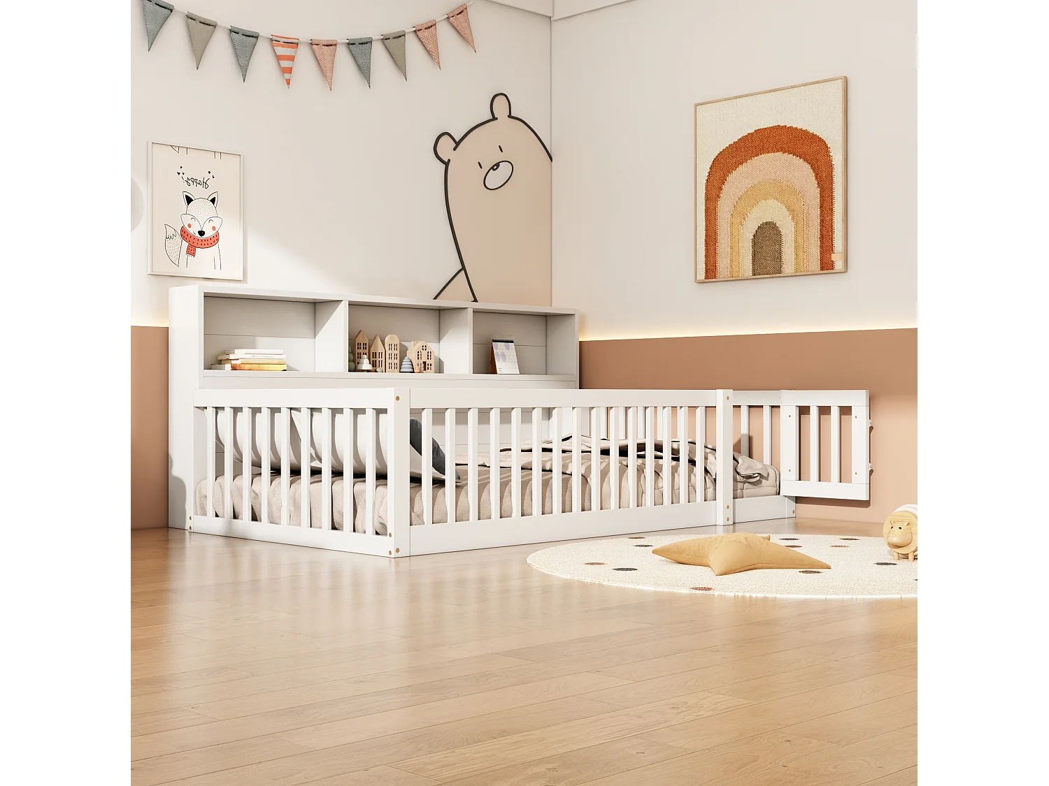 90 x 200 cm bed met rails en opbergkastjes - Grenenhout + MDF - Lattenbodem - Wit (zonder matras)