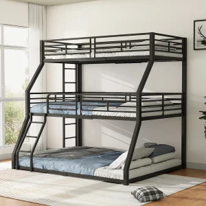 3-persoonsstapelbedden 90/120/140 x 200 cm met 2 ladders – Metaal – Lattenbodem – Zwart (zonder matras)