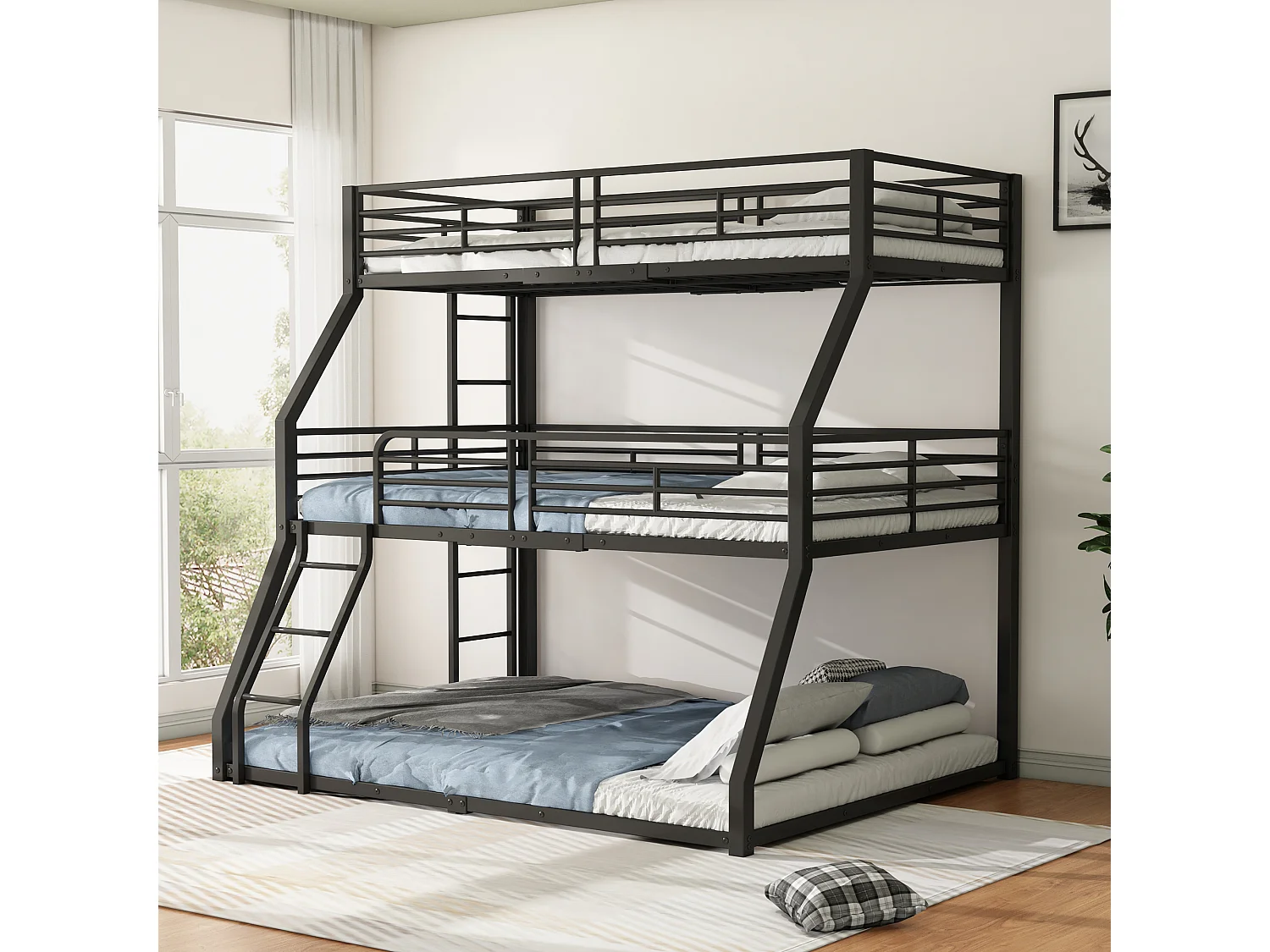 3-persoonsstapelbedden 90/120/140 x 200 cm met 2 ladders - Metaal - Lattenbodem - Zwart (zonder matras)