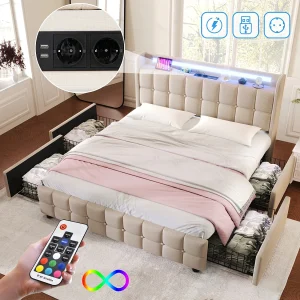 140x200cm bed met lades, tweepersoonsbed gestoffeerd met opbergruimte, LED-verlichting, grijs 140x200cm bed met lades, tweepersoonsbed gestoffeerd met opbergruimte, LED-verlichting, grijs
