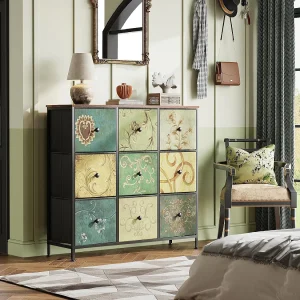 100 cm opbergladekast – met 9 opbergladen en zwarte handgrepen, Vintage patroon – Groen 100 cm opbergladekast – met 9 opbergladen en zwarte handgrepen, Vintage patroon – Groen