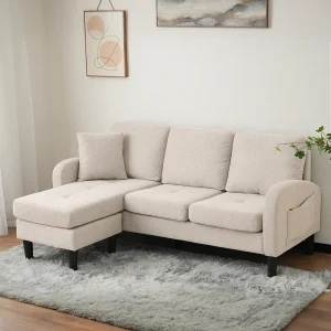 3-zits hoekbank met chaise longue – 185 x 118 x 82 cm – ademende katoen- en linnenstof – Beige 3-zits hoekbank met chaise longue – 185 x 118 x 82 cm – ademende katoen- en linnenstof – Beige