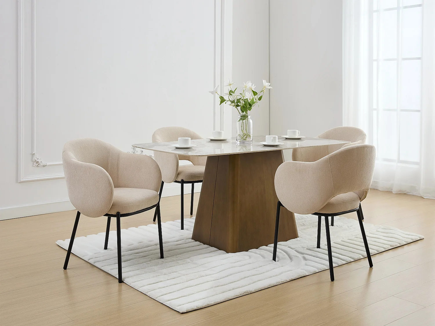 Set van 6 stoelen met armleuningen van stof met textuur en zwart metaal - Beige - ACACILIO