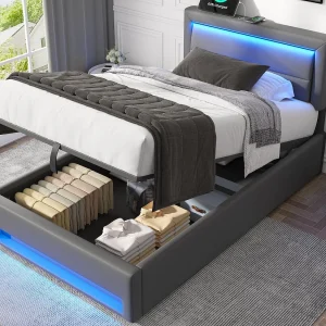 90×190 cm kunstleren opbergbed met LED – met oplaadpoorten (bedraad en draadloos) – Grijs