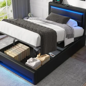 90×190 cm kunstleer opbergbed met LED – met oplaadpoorten (bedraad en draadloos) – Zwart