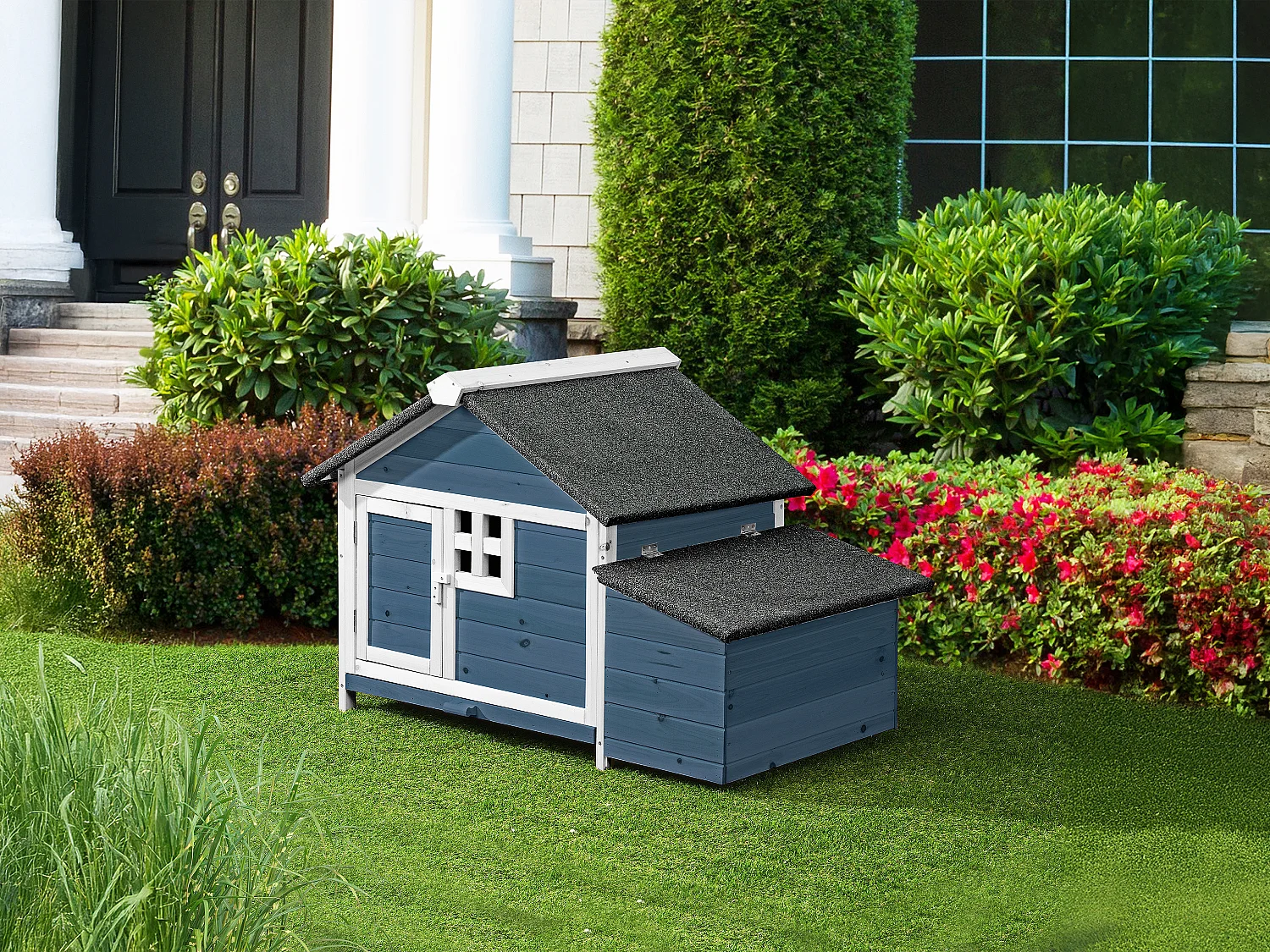 Kippenhok van hout met broedplaats - 2 kippen - L106 x D64 x H71 cm - Blauw en wit - ANSER