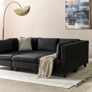 Modulaire U-vormige bank UNSTAD Stof Zwart Met ottomaan 5-zitter