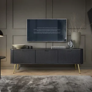 3-deurs tv-meubel met lamellenfronten – 168 cm – zwart met gouden poten – ZOVA