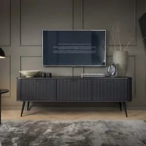 3-deurs tv-meubel met lamellenfronten – 168 cm – zwart met zwarte poten – ZOVA