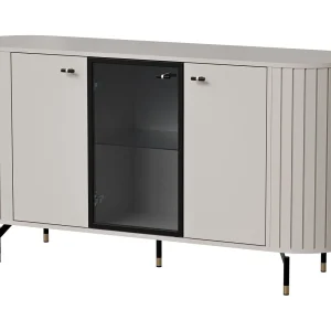 3-deurs dressoir met glazen front – ZANTE – 150 cm – greige met groeven 3-deurs dressoir met glazen front – ZANTE – 150 cm – greige met groeven