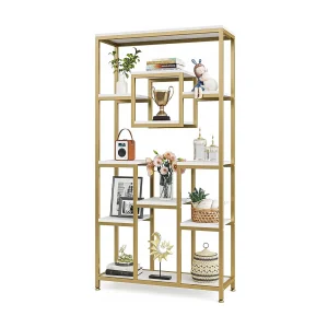 180 cm hoge gouden boekenkast, moderne vrijstaande boekenkast met 11 open opbergplanken