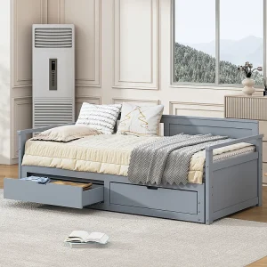 2 in 1 90 (180) x 190 multifunctioneel onderschuifbed met grenen bed, laden , Grijs