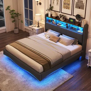 160*200 cm gestoffeerd bed in hangdesign, linnen stof, met LED-verlichting, USB-aansluiting en TYPE-C, grijs 160*200 cm gestoffeerd bed in hangdesign, linnen stof, met LED-verlichting, USB-aansluiting en TYPE-C, grijs
