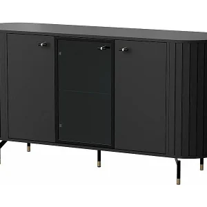 3-deurs dressoir met glazen front – ZANTE – 150 cm – zwart met groeven 3-deurs dressoir met glazen front – ZANTE – 150 cm – zwart met groeven