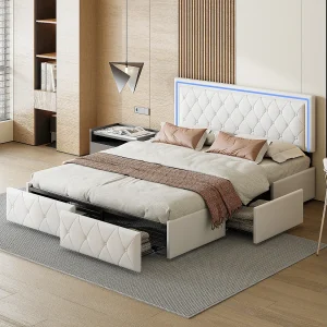 160x200cm gestoffeerd tweepersoonsbed met 4 lades met led-verlichting 160x200cm gestoffeerd tweepersoonsbed met 4 lades met led-verlichting