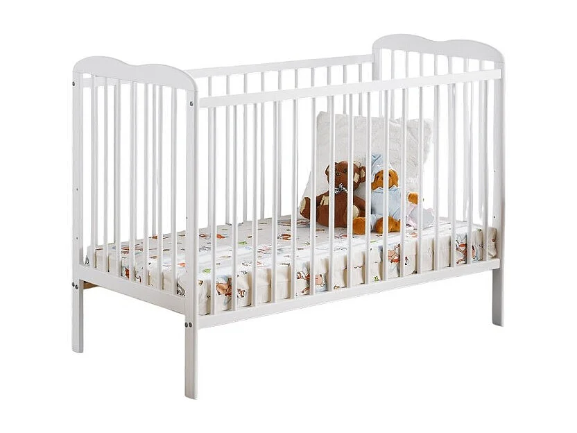 Bed en matras voor baby's uit de NOE-collectie, in hoogte verstelbaar. Mat witte kleur.
